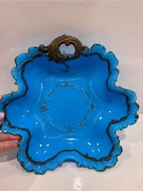Antique Victorian blue opaline milk glass ruffled bowl w pierced handle
